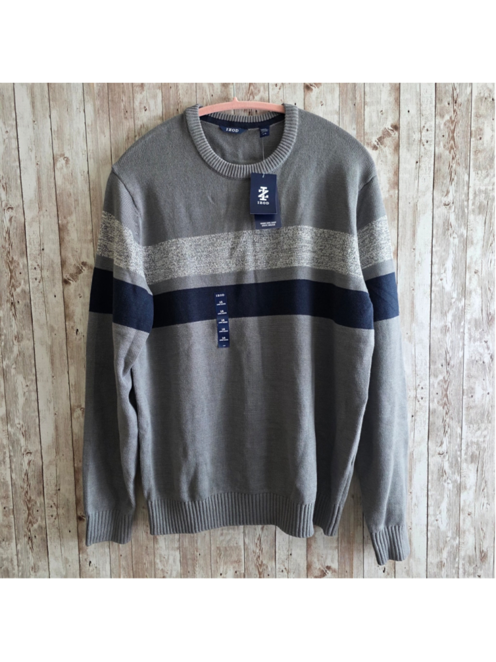 Men's IZOD Crewneck Sweater Large Grey Navy Blue Striped NWT